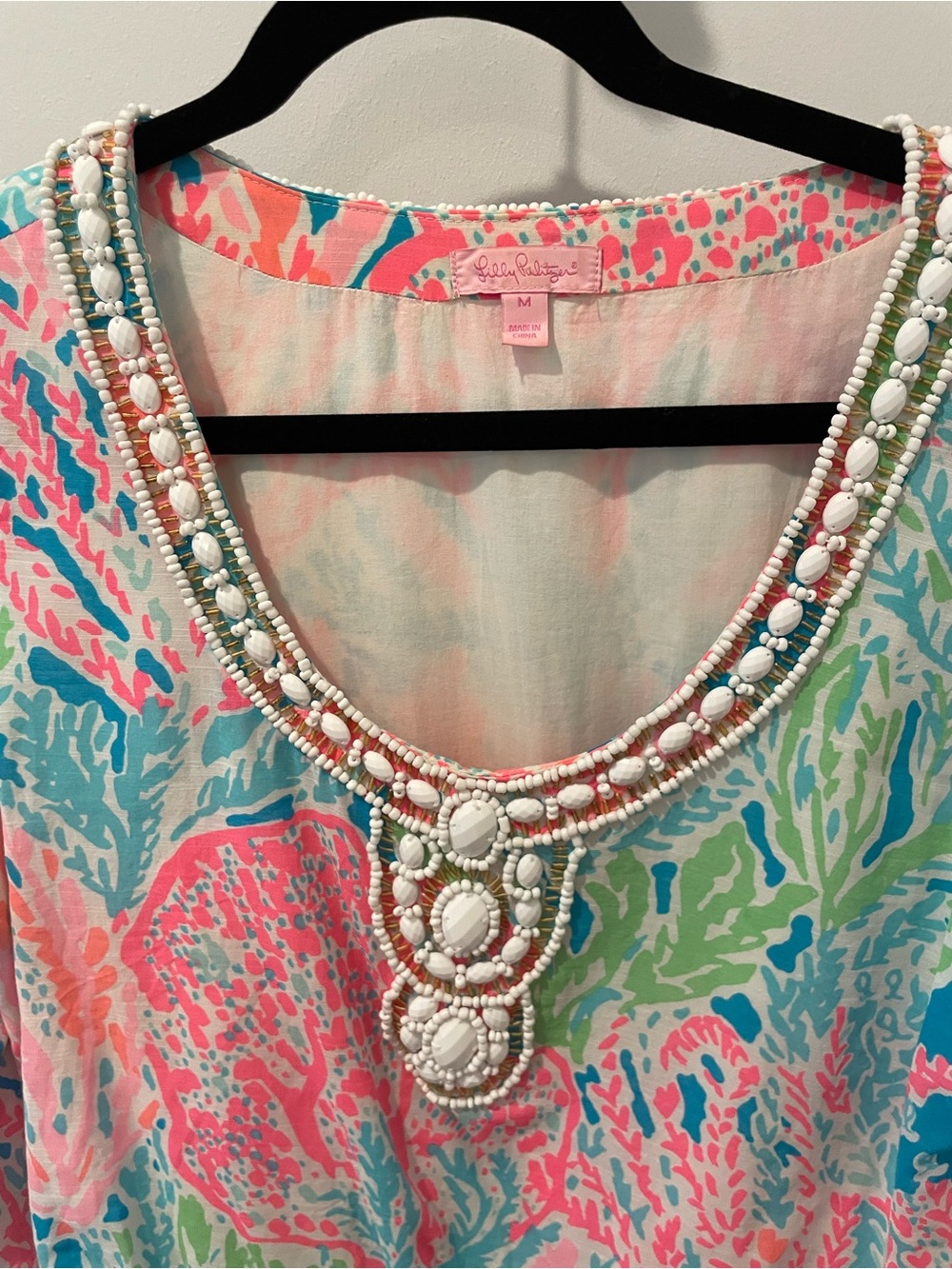 Lilly Pulitzer Coral Aqua Green Beaded-Neck Tunic size M